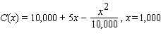 <strong>For the cost function, find the marginal cost at the given production level x . </strong> A)$5.00 per item B)$5.20 per item C)$4.80 per item D)$4.81 per item E)$4.78 per item