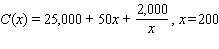 <strong>For the cost function C ( x ), find the marginal cost at the given production level x . </strong> A)$39.96 per item B)$49.95 per item C)$49.97 per item D)$51.25 per item E)$40.00 per item