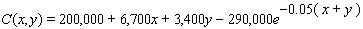 <strong>Your weekly cost (in dollars)to manufacture cars and trucks is given by What is the marginal cost of a car? Of a truck?</strong> A)Marginal cost of a car is 6,700 - 2.7183 e <sup>0.05 ( x + y )</sup> marginal cost of a truck is 3,400 - 2.7183 e <sup>0.05 ( x + y )</sup> B)Marginal cost of a car is 6,700 - 2.7183 e <sup>- 0.05 ( x - y )</sup> marginal cost of a truck is 3,400 - 2.7 e <sup>- 0.05 ( x - y )</sup> C)Marginal cost of a car is 3,400 + 2.7183 e <sup>0.05 ( x + y )</sup> marginal cost of a truck is 6,700 + 2.7183 e <sup>0.05 ( x + y )</sup> D)Marginal cost of a car is 6,700 + 2.7183 e <sup>- 0.05 ( x + y )</sup> marginal cost of a truck is 3,400 + 2.7183 e <sup>- 0.05 ( x + y )</sup> E)Marginal cost of a car is 6,700 + 2.7183 e <sup>- 0.05 x </sup> marginal cost of a truck is 3,400 + 2.7183 e <sup>- 0.05 y </sup>