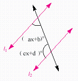 <strong>In the figure below, l _ { 1 } is parallel with l _ { 2 } . Find x , if a = 6 , b = 10 , c = 4 and d = - 10 . </strong> A) 162 ^ { \circ } B) 342 ^ { \circ } C) 252 ^ { \circ } D) 18 ^ { \circ } E) none of these