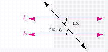 <strong>In the figure below, l _ { 1 } is parallel with l _ { 2 } . Find x , if a = 5 , b = 4 and c = 17 . </strong> A) 292 ^ { \circ } B) 17 ^ { \circ } C) 146 ^ { \circ } D) 163 ^ { \circ } E) none of these