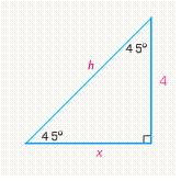 <strong>Find the missing side lengths in each triangle. Give the exact answer and then an approximation to two decimal places, when appropriate. </strong> A) x = 4 , h = 5 B) x = 5 , h = 5 \sqrt { 2 } \approx 5.66 C) x = 4 \sqrt { 2 } \approx 5.66 , h = 4 D) x = 4 , h = 4 \sqrt { 2 } \approx 5.71 E) x = 4 , h = 4 \sqrt { 2 } \approx 5.66