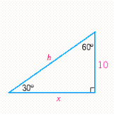 <strong>Find the missing side lengths in the triangle. Give the exact answer and then an approximation to two decimal places, when appropriate. </strong> A) x = 10 \sqrt { 3 } \approx 17.35 , h = 20 B) x = 10 \sqrt { 3 } \approx 17.32 , h = 20 C) x = 20 , h = 10 \sqrt { 3 } \approx 17.32 D) x = 21 , h = 10 \sqrt { 3 } \approx 17.35 E) x = 10 \sqrt { 3 } \approx 17.32 , h = 21