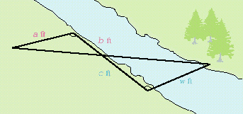 <strong>Use the dimensions in the illustration to find w , the width of the river, if a = 16 , b = 20 , and c = 80 . </strong> A) 64 B) 80 C) \frac { 1 } { 27 } D) \frac { 36 } { 5 } E) none of these