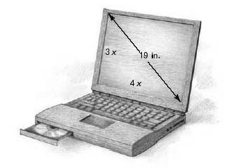 <strong>An advertisement for a portable computer indicates it has a 19-inch viewing screen. This means that the diagonal of the screen measures 19 inches. If the ratio of the length to the width of the screen is 3 to 4, we can represent the length with and the width with and then use the Pythagorean theorem to solve for Once we have the length will be and the width will be Find the length and width of this computer screen to the nearest tenth of an inch. </strong> A) Length = 16.2 in., width = 12.4 in. B) Length = 11.4 in., width = 15.2 in. C) Length = 16.2 in., width = 10.4 in. D) Length = 15.2 in., width = 11.4 in. E) Length = 14.2 in., width = 12.4 in.
