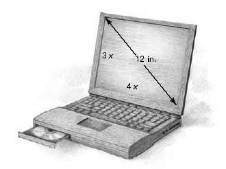 An advertisement for a portable computer indicates it has a 12-inch viewing screen. This means that the diagonal of the screen measures 12 inches. If the ratio of the length to the width of the screen is 3 to 4, we can represent the length with and the width with and then use the Pythagorean theorem to solve for Once we have the length will be and the width will be Find the length and width of this computer screen to the nearest tenth of an inch. Length = __________ in., width = __________ in.
