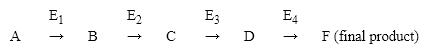 <strong>Many metabolic pathways involve multistep reactions. Consider the following pathway. Which of the following would be an example of feedback inhibition?</strong> A) the product of the final reaction, F, interacting with E<sub>1</sub>. B) F interacting with an allosteric site in E<sub>4</sub>. C) B interacting with an allosteric site in E<sub>1</sub>. D) all of the intermediates or products in the reaction interacting with the active site in E<sub>1.</sub>