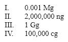 <strong>Which of these series correctly orders the values given from smallest to largest? </strong> A)III < II < II < IV B)II < I < IV < III C)II < I = IV < III D)I < IV = III < II E)I < III < IV < II