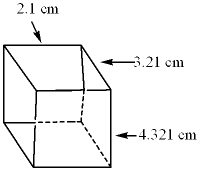 <strong>The dimensions of the following cube were measured. What would be the volume of this cube expressed to the proper number of significant digits? (Volume = l w d ) </strong> A) 29.127861 cm<sup>3</sup> B) 29.13 cm<sup>3</sup> C) 29.1 cm<sup>3</sup> D) 29. cm<sup>3</sup> E) 30 cm<sup>3</sup>