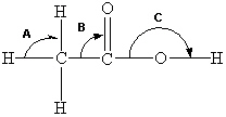 <strong>Below is a structural formula of acetic acid. Complete its Lewis structure. What are the approximate bond angles as predicted by VSEPR theory for angles A-C? </strong> A) A = 90°, B = 90°, C = 180° B) A = 109°, B = 90°, C = 180° C) A = 90°, B = 109°, C = 180° D) A = 109°, B = 120°, C = 109° E) A = 109°, B = 90°, C = 109°