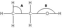 <strong>Below is a structural formula of ethanol. Complete its Lewis structure. What are the approximate values for the two bond angles indicated by A and B in the figure? </strong> A) A = 90° and B = 180° B) A = 109° and B = 180° C) A = 90° and B = 120° D) A = 109° and B = 120° E) A = 109° and B = 109°