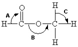 <strong>Below is a structural formula for methyl formate. Complete its Lewis structure. What are the approximate bond angles (A-C) in the figure below for methyl formate? </strong> A) A = 90°, B = 180°, C = 90° B) A = 120°, B = 180°, C = 109° C) A = 120°, B = 109°, C = 90° D) A = 109°, B = 109°, C = 109° E) A = 120°, B = 109°, C = 109°
