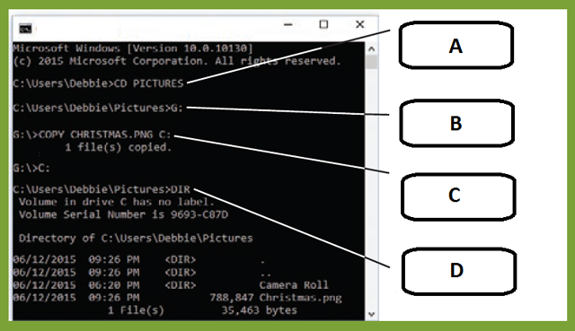 <strong>In the accompanying figure, box _____ points to the command to change to a new drive. </strong> A)A B)B C)C D)D