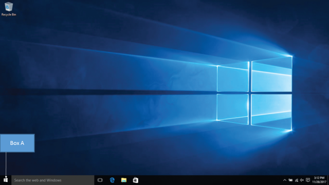 <strong>In the accompanying figure of Windows 10, Box A points to the _____. </strong> A)Recycle button B)Start button C)Slideshow button D)Restore button