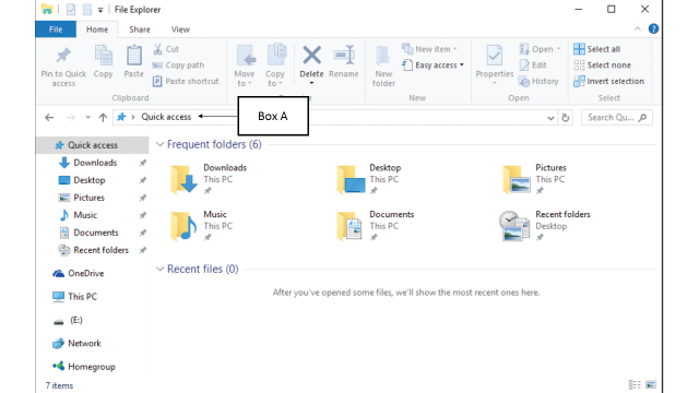 <strong>In the accompanying figure of Windows 10, Box A is pointing to the _____. </strong> A)address bar B)status bar C)progress bar D)title bar
