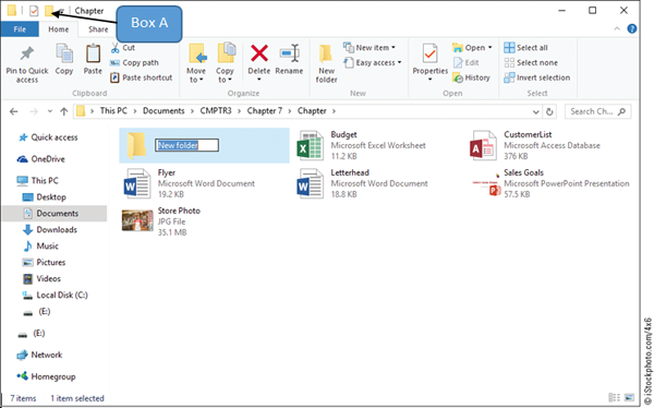 <strong>In the accompanying figure of Windows 10, Box A is pointing to the _____. </strong> A)Navigate through folders button on the Home tab B)Compress folder button on the Easy Access Toolbar C)Move folder button on the Home tab D)New folder button on the Quick Access Toolbar