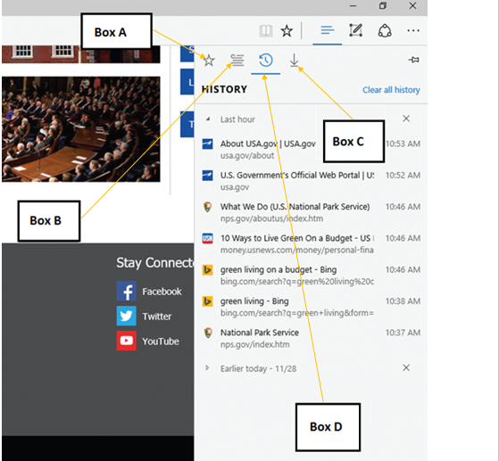 <strong>In the accompanying figure of Microsoft Edge, which of the following boxes points to the History button? </strong> A)Box A B)Box B C)Box C D)Box D