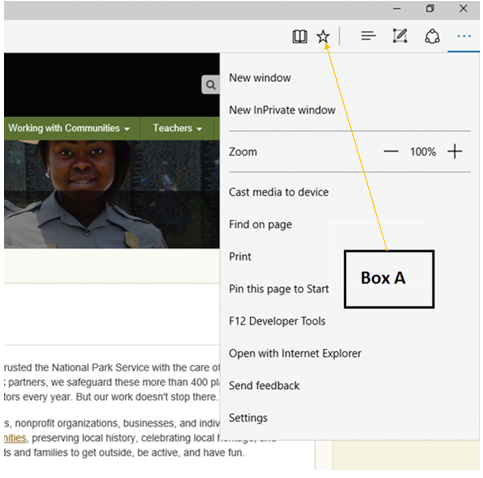 <strong>In the accompanying figure of Microsoft Edge, which of the following buttons does Box A indicate? </strong> A)More button B)Settings button C)Bookmark button D)Favorites button
