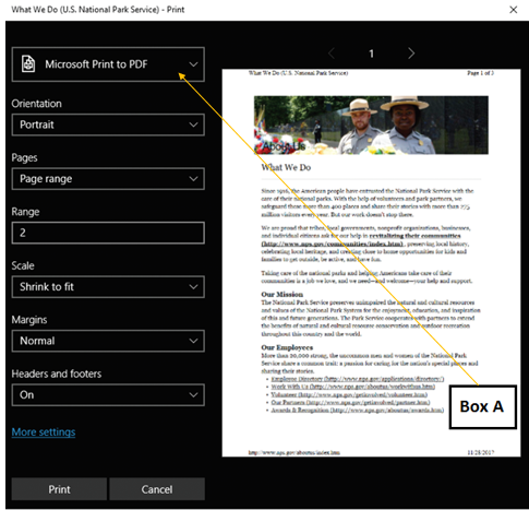 <strong>In the accompanying figure of the Print dialog box in Microsoft Edge, Box A points to the _____. </strong> A)ScreenTip in the Print dialog box B)print status C)printer name D)default print option for OneNote