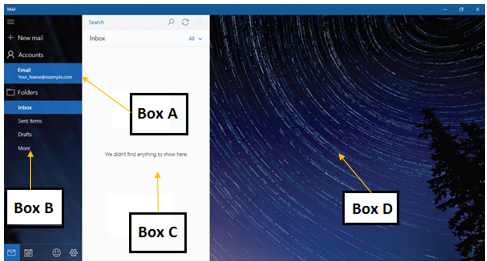 <strong>In the accompanying figure of Mail, _____ points to the area where the list of messages will appear. </strong> A)Box A B)Box B C)Box C D)Box D