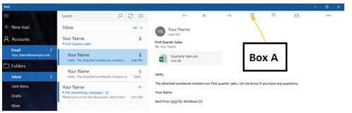 <strong>In the accompanying figure of Mail, Box A points to the _____. </strong> A)Delete button B)Recycle button C)Mark as read button D)Reply button