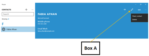 <strong>In the accompanying figure of the People app, Box A points to the _____. </strong> A)Pin button B)Edit button C)Link button D)Review button