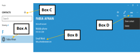 <strong>In the accompanying figure of the People app, clicking the option that _____ points to opens a new message addressed to the contact shown. </strong> A)Box A B)Box B C)Box C D)Box D