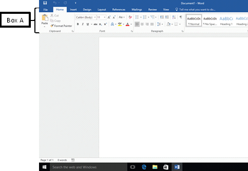 <strong>In the accompanying image of a Microsoft Office 2016 application, Box A points to the _____. </strong> A)ribbon B)banner C)title bar D)status bar