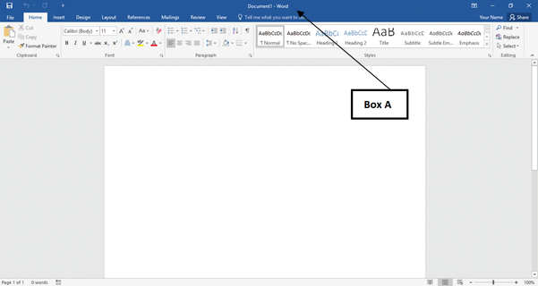 <strong>In the accompanying image of a Microsoft Word 2016 document, Box A points to the _____. </strong> A)title bar B)status bar C)taskbar D)scroll bar