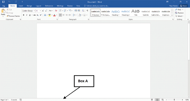 <strong>In the accompanying image of a Microsoft Word 2016 document, Box A points to the _____. </strong> A)title bar B)status bar C)taskbar D)scroll bar