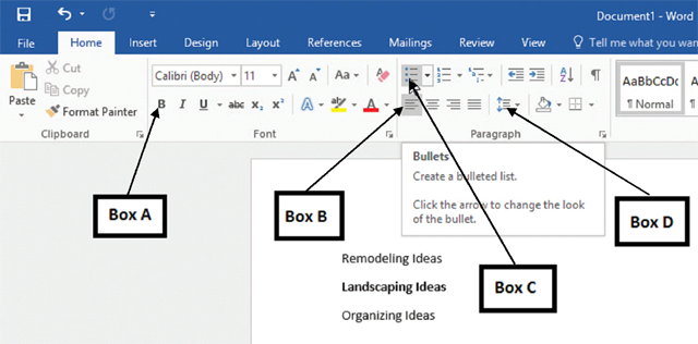 <strong>In the accompanying image of a Microsoft Word 2016 document, which of the following boxes points to a two-part button? </strong> A)Box A B)Box B C)Box C D)Box D