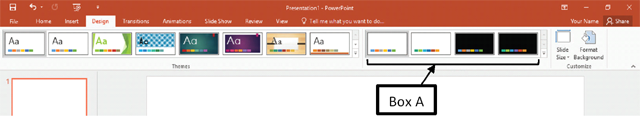 <strong>In the accompanying image of Microsoft PowerPoint 2016, Box A points to the _____. </strong> A)Styles gallery B)Variants gallery C)Themes gallery D)Illustrations gallery