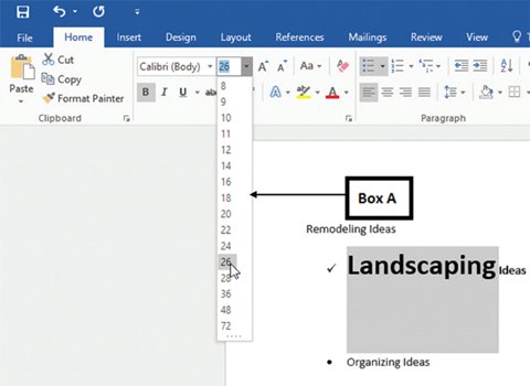 <strong>In the accompanying image of a Microsoft Word 2016 document, Box A points to the _____. </strong> A)Font Size menu B)Paragraph Spacing menu C)Line Indent menu D)Numbering menu