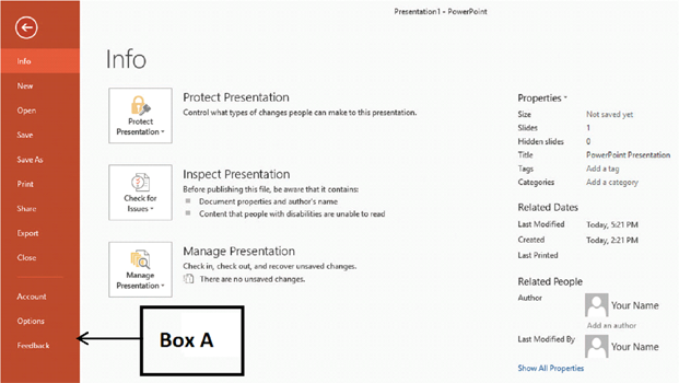 <strong>In the accompanying image of Microsoft PowerPoint 2016, Box A points to the _____. </strong> A)navigation bar B)menu bar C)review pane D)reference pane