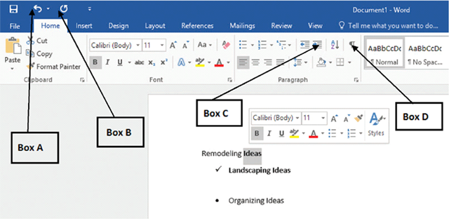 <strong>In the accompanying image of a Microsoft Word 2016 document, which of the following boxes points to the Undo button? </strong> A)Box A B)Box B C)Box C D)Box D