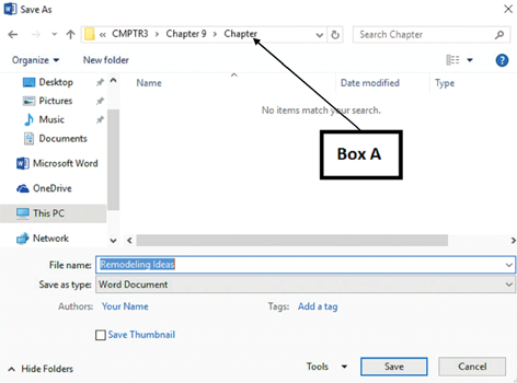 <strong>In the accompanying image of Microsoft Word 2016, Box A points to the _____. </strong> A)current location of the file being saved B)suggested file name C)extension of the file being saved D)name of the system root directory