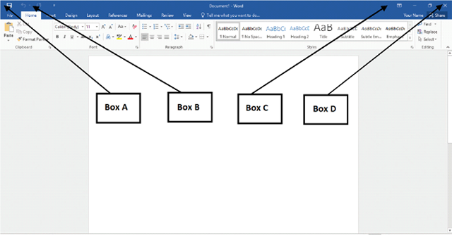 <strong>In the accompanying image of a Microsoft Word 2016 document, which of the following boxes points to the Close button? </strong> A)Box A B)Box B C)Box C D)Box D
