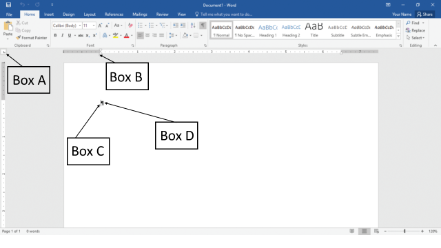 <strong>In the accompanying figure of a Microsoft Word 2016 document, which of the following boxes is pointing to the paragraph mark? </strong> A)Box A B)Box B C)Box C D)Box D