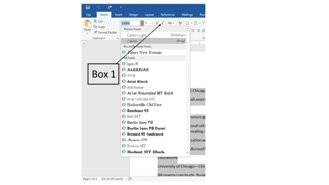 <strong>In the accompanying figure of a Microsoft Word 2016 document, which of the following is Box 1 pointing to ? </strong> A)Increase Font Size button B)Superscript button C)Decrease Font Size button D)Subscript button
