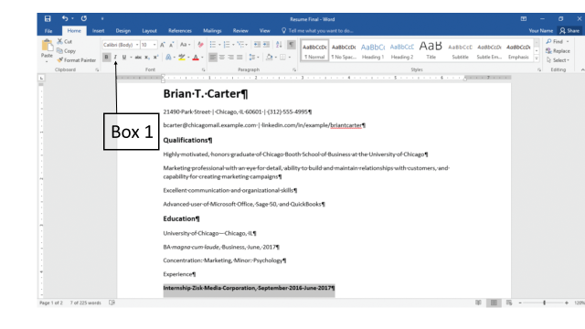 <strong>In the accompanying figure of a Microsoft Word 2016 document, which of the following is Box 1 pointing to ? </strong> A)Italic button B)Insert button C)Index button D)Indent button