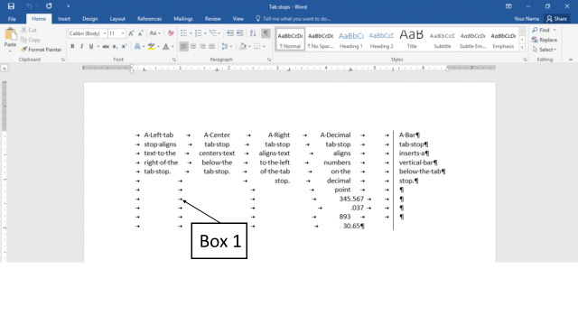 <strong>Enabling the Show/Hide button in a Microsoft Word 2016 document displays the nonprinting characters, as shown in the accompanying figure. Which of the following characters is Box 1 pointing to? </strong> A)Nonprinting paragraph character B)Nonprinting tab character C)Nonprinting space character D)Nonprinting newline character