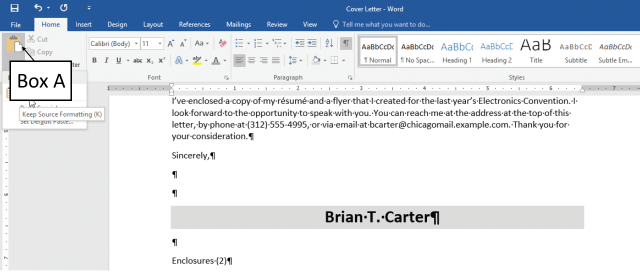 <strong>In the accompanying figure of a Microsoft Word 2016 document, which of the following is Box A pointing to? </strong> A)Envelopes button B)Print button C)Paste button D)Pictures button
