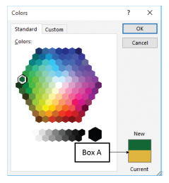 <strong>In the accompanying figure of the Microsoft Word 2016 Colors dialog box, Box A points to the _____. </strong> A)default color gradients B)least and most used color combinations C)color combinations used in some of the previously created documents D)new and currently selected color previews
