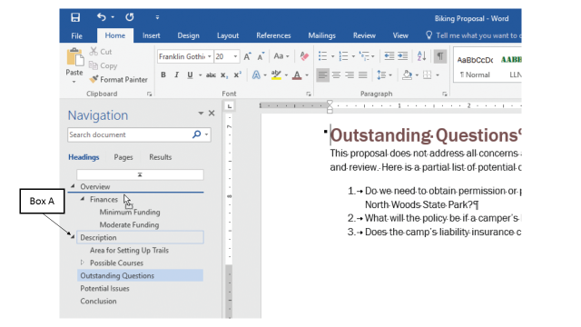 <strong>In the accompanying figure of Microsoft Word 2016, Box A points to the _____. </strong> A)Collapse arrow B)Promote arrow C)Demote arrow D)Expand arrow
