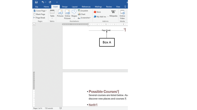 <strong>In the accompanying figure of Microsoft Word 2016, Box A points to a(n) _____. </strong> A)manual page break B)automatic page break C)odd page break D)even page break