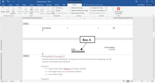 <strong>In the accompanying figure that shows the header and footer in a Microsoft Word 2016 document, Box A points to the _____. </strong> A)title reference marker B)title template C)title citation D)title content control