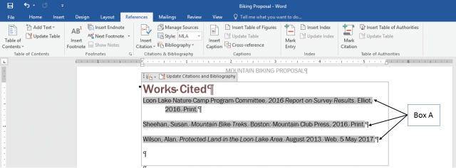 <strong>In the accompanying figure of a Microsoft Word 2016 document, Box A points to the _____. </strong> A)templates that use a similar style formatting B)results of a search conducted within the document C)bookmarks in the document that lets a user jump to specific places in the document D)sources of the document inserted as fields