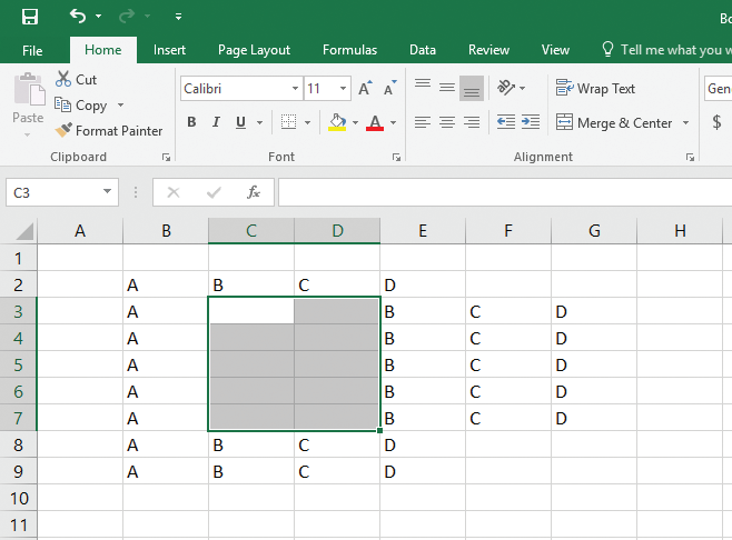 <strong>In the following snippet of a Microsoft Excel 2016 worksheet, when the selected cells are inserted into a worksheet, the rest of the cells shift to the right because: </strong> A)the range is as wide as it is long. B)the range is wider than it is long. C)the range is longer than it is wide. D)the range is exactly 10 cells in size.