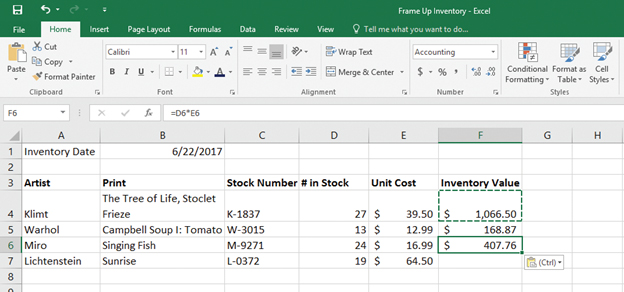 <strong>In the following snippet of a Microsoft Excel 2016 worksheet, consider that a formula is applied to column F. If the formula applied to cell F6 is D6*E6, which of the following is the formula reflected in cell F7? </strong> A)=D6*E6 B)=D5*D6 C)=D7*E7 D)=D6*D7