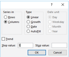 <strong>The dialog box in the accompanying figure of Microsoft Excel 2016 is the _____ dialog box. </strong> A)Series B)Date & Time C)Trend D)AutoFill